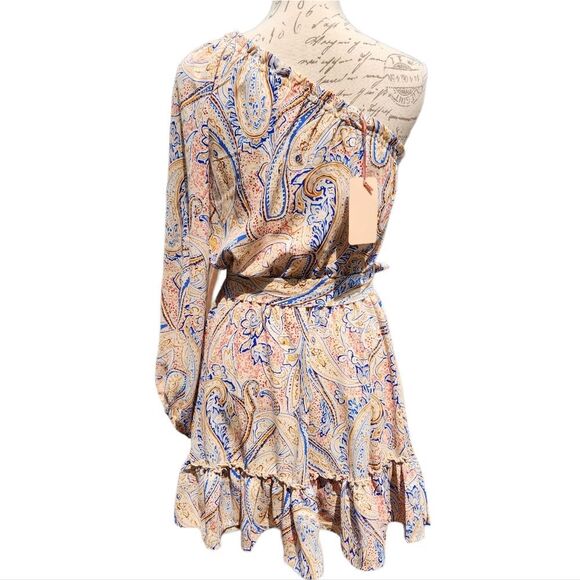 Anthropologie - Entro - Paisley Print One Shoulder Dress Tie Waist Ruffled Hem M - Picture 8 of 8